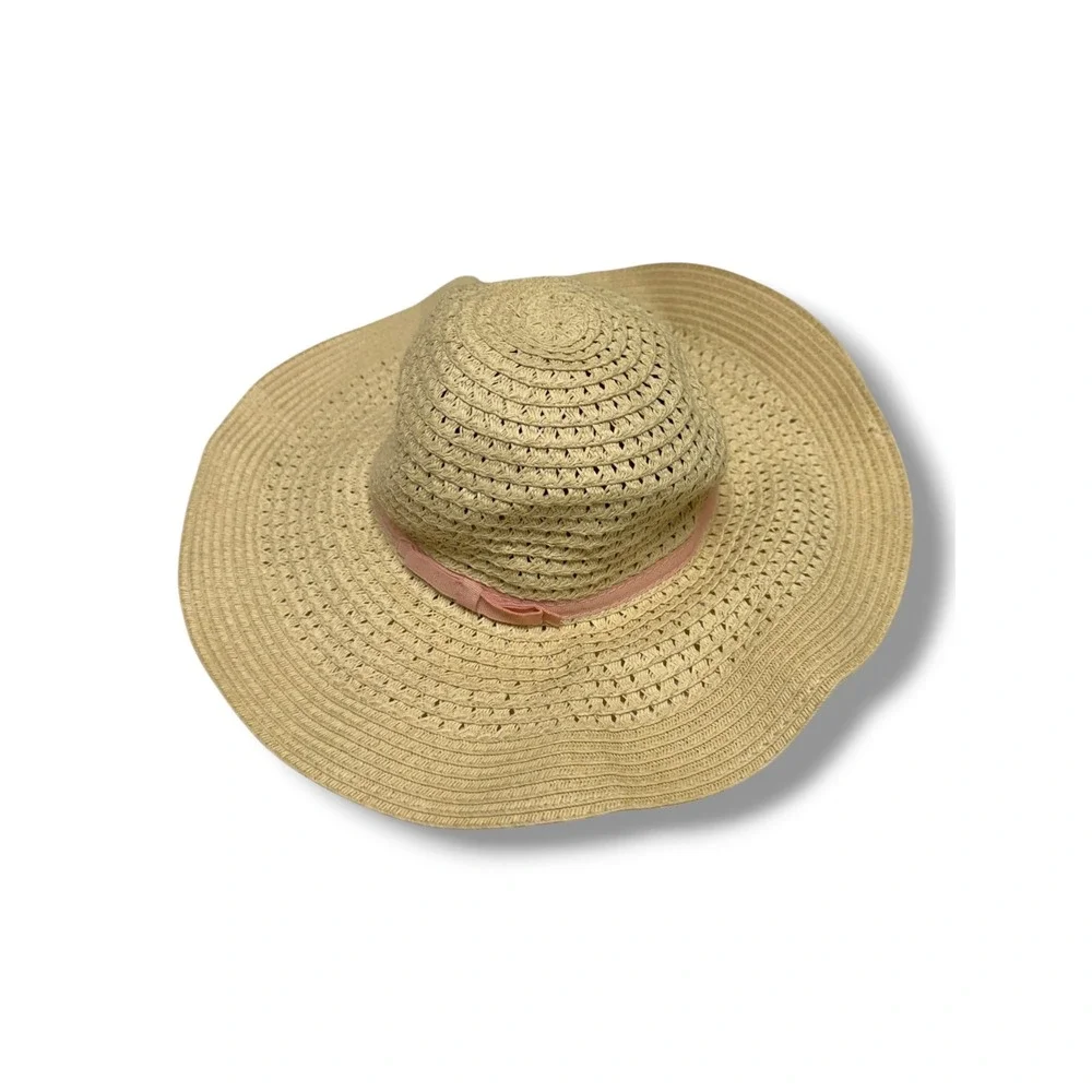 Old‎ Navy Girls Straw Sun Hat Wide Brim Tan Pink Ribbon Floppy Beach Hat S/P